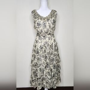 Amanda Lane Cream & Black Floral Chiffon Rosette Ruffle Y2K Midi Dress Size 14